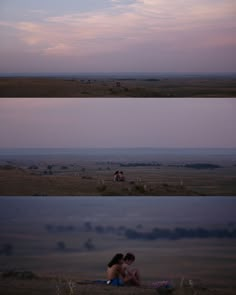 two people are sitting on the ground in an open field at dusk and one person is laying down