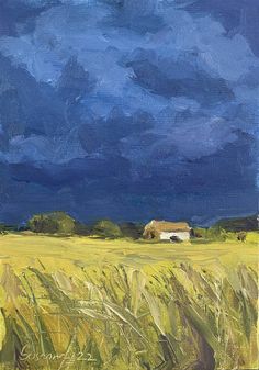 an oil painting of a field with a house in the distance and storm clouds overhead