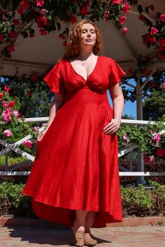 Adele Crimson Red Dress Football Wedding Theme, Plus Size Red Dress, Red V Neck Dress, Red Linen Dress, Football Wedding, Adele Dress, Fall Winter Capsule Wardrobe, Big Sleeves, Butterfly Sleeve Dress