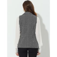 Wear it over a simple blouse with matching straight-leg pants for a fresh and classy look that will easily take you from desk to date. This retro plaid long vest is perfect for the business casual look for travel and work. Easy-match item, match well with a simple blouse, ripped jeans, high heels, and chain bags for a chic look. Elegant Tweed Business Vest, Elegant Tweed Vest For Business, Elegant Tweed Vest For Work, Elegant Tweed Workwear Vest, Elegant Tweed Work Vest, Plaid Sleeveless Vest For Work, Women's Vests, Cardigan Blazer, Tweed Vest