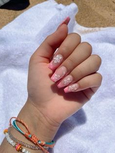 Hawaii Nails French Tip, Summer Nails French Tip Hibiscus, Vacation Nail Inspo Coffin, Summery Nails Coffin, Spring Nails Hibiscus, Coffin Nails Hibiscus, Summer Frenchies Nails, Summer Nails With Flower Design, Pink French Hibiscus Nails