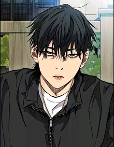 an anime character with black hair wearing a black jacket and white shirt, staring at the camera