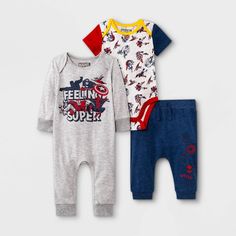 Give your little munchkin a cute superhero look with this 3-Piece Marvel Long-Sleeve Top and Bottom Set. Made from a soft fabric blend, each piece in this baby boys' top and bottom set ensures he stays cozy and comfy during tummy time, nap time or stroller rides in the park. The set includes one long-sleeve gray bodysuit with an illustration of the Mighty Avengers at the front, one white short-sleeve romper featuring contrasting sleeves and showcasing an allover print of Avengers, and blue jogge Cotton Character Print Sets For Playwear, Playful Fitted Sets With Character Print, Baby Boy Doll Clothes, Cute Superhero, Gray Bodysuit, Top And Bottom Set, Blue Joggers, Grey Bodysuit