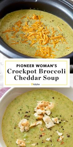 two pictures showing different types of soups in the same bowl, one with crockpot broccoli and the other with cheddar