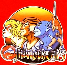 thunder girls logo on a red background with two women and one man holding swords in their hands