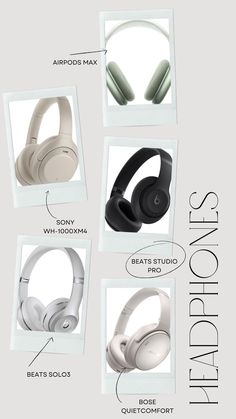 the headphones are labeled in several different styles and colors, including black, white, gray