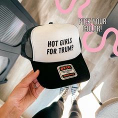 Hot Girls for Trump Trucker Hat Funny President Hat for Women Election Hat Trump Cute for Girl Funny Foam Trucker Hat for 2024 President 💕  P R O D U C T - D E T A I L S 💕 100% polyester foam front 100% polyester mesh back Matching fabric undervisor Adjustable plastic snap One size fits most Embroidered Font If you would like adjustments or customization to color of hat and font please message the shop 💕 P R O D U C T I O N - T I M E 💕 3-5 Business Days (Production time does not include shipping time) 💕 S H I P - T I M E 💕 2-5 Days 💕  C A R E - I N S T R U C T I O N S 💕 Hand was with soap and cold water Air Dry 💕 CUSTOMIZATION 💕 If you wish to have any customization to this hat such as color or font feel free to message the shop! For this product we do not accept returns or excha Hat Ideas, Hat For Women, Trucker Cap, To Color, Hats For Women, Labour Day, Caps Hats, Trucker Hat, Accessories Hats