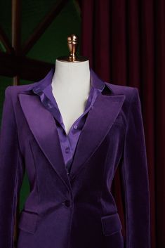 This premium purple, velvet suit is perfect for formal events and everyday wear. It features a customized design, a flattering flared trouser style, and a sleek, modern look with no belt loops. Make a statement and stand out with this versatile addition to your wardrobe. Elegant Purple Suit With Suit Collar, Tailored Purple Party Suit, Elegant Purple Suit For Formal Occasions, Elegant Purple Formal Suit, Tailored Purple Suit For Party, Elegant Fitted Velvet Blazer, Purple Long Sleeve Party Suit, Purple Notch Lapel Suit For Party, Elegant Purple Business Blazer