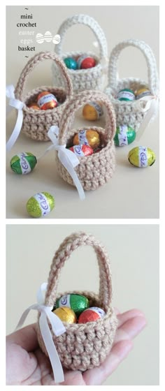 crochet easter basket with candy eggs in it