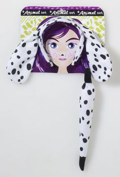 a dalmatian girl with purple hair and polka dots on it's head