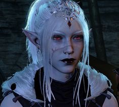 a close up of a person wearing white hair and makeup with blood on their eyes