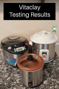 three crockpots sitting on top of a counter next to an electric pressure cooker