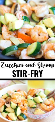 zucchini and shrimp stir fry in a white bowl