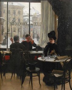 a painting of two people sitting at a table in front of a window with the words life chocolate on it