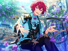 an anime character with red hair and blue eyes sitting on steps in front of purple flowers