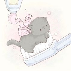 a drawing of a baby animal sitting on top of a toothbrush