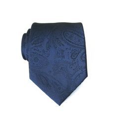 This tie is made of 100% silk, 3.50 wide at its widest point and 58 long - standard length and width. Hand rolled and sewn by hand. Semi-formal Navy Standard Tie, Luxury Navy Ties For Semi-formal Occasions, Blue Semi-formal Standard Tie, Elegant Semi-formal Paisley Print Ties, Blue Paisley Print Standard Tie, Tie Men's, Dark Navy Blue, Mens Neck Ties, Blue Paisley