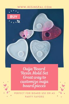 three heart shaped plastic molds are shown with the text, quija board resin mold set great way to customize guia boards for party favors