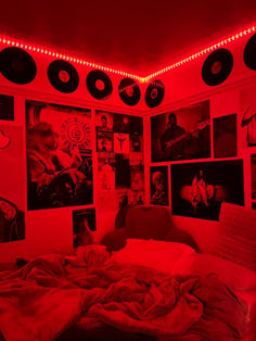 Bedroom decor modern interior Grunge Room Led Lights, Room Ideas Tomboy, Red Led Room Aesthetic, Cherry Red Bedroom, Tomboy Bedroom Ideas, Retro Room Decor 80s, Red And Black Room Ideas, Horror Bedroom Aesthetic, Red And Black Room Aesthetic