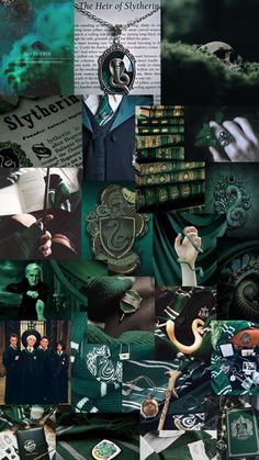 a collage of green and black images with harry potter's house in the middle