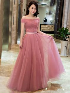 2019 A-Line Tulle Ruffles Sleeveless Long Watermelon Prom Dresses Dusty Pink Gown, Lehenga Skirts, Bridesmaid Tulle, Off Shoulder Bridesmaid Dress, Long Party Gowns, Wedding Frocks, Lehenga Gown, Formal Occasion Dress, Prom Dresses 2018