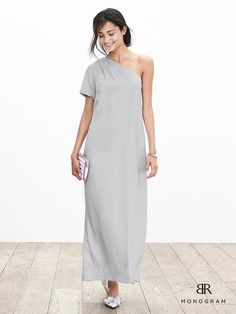 BR Monogram Silk One-Shoulder Dress Formal One-shoulder Dress With Side Zipper, Formal Summer Dress With Cutaway Shoulders, One Shoulder Dress For Work, Formal Summer Dress With Side Zipper, Br Monogram, Comfy Chic Outfits, Silver Dress, Weekend Wear, Silver Screen