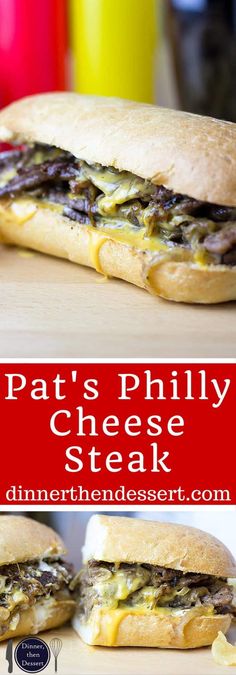 a grilled cheese steak sandwich on a wooden cutting board with the words pat's philly cheese steak