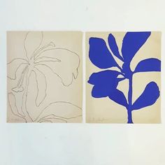 two blue and white flowers are shown in three different frames on the wall, one is larger than the other