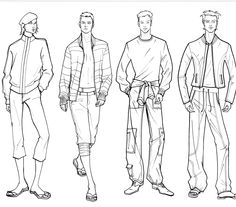 three men's clothing sketches, one in black and white