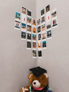 a brown teddy bear wearing a graduation cap and gown sitting in front of a wall with pictures on it