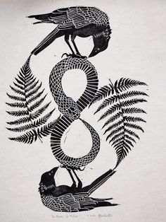 two birds sitting on top of a tree branch next to ferns and fern leaves in black ink