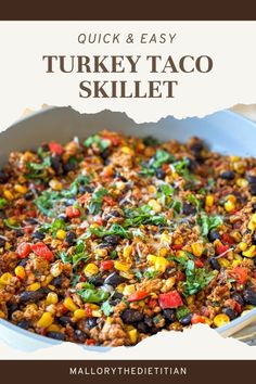 quick and easy turkey taco skillet recipe in a blue casserole dish