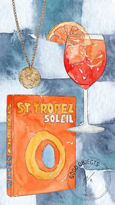 a watercolor and ink painting of a book, glass of wine and coin necklace