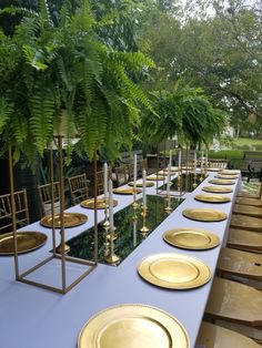 a long table is set with gold plates and place settings for an outdoor dinner party