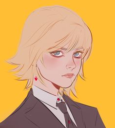 an anime character with blonde hair and blue eyes, wearing a black jacket and tie