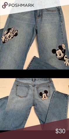 Disney Jeans, Jeans Drawing, Minnie And Mickey, Fabric Painting On Clothes, Custom Denim, Painted Jeans, Clothes Diy, Painted Denim