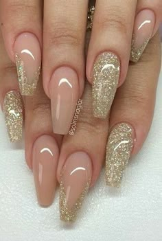 Nude Nails. Ballerina Nails. Gold Glitter Nails. Acrylic Nails. Fall Nails. Gel Nails. Ballerina Nails Designs, Gold Gel Nails, Ballerina Nail, Art Ballerina, Gel Pedicure, Glitter Nails Acrylic