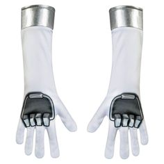 a pair of white gloves with silver metal arms and fingers on each hand, both showing the thumb area