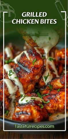 grilled chicken bites being dipped with ranch sauce and garnished with parsley