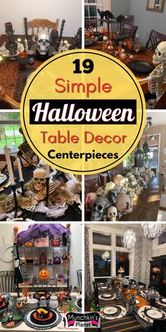 simple Halloween table decorations and centerpieces Halloween Table Centerpieces Ideas, Halloween Table Decor Ideas, Halloween Tabletop Decor, Easy Halloween Table Decorations, Halloween Table Set Up, Halloween Food Table Display, Halloween Table Settings Ideas, Halloween Buffet Decor, Halloween Party Table Setup