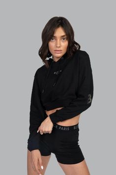 Black Cropped Hoodie With Drawstring Hood, Sporty Black Cropped Sweatshirt, Black Cropped Sporty Sweatshirt, Black Cropped Hoodie For Streetwear, Black Sporty Cropped Hoodie, Fitted Drawstring Hood Sweatshirt For Streetwear, Black Cropped Sweatshirt For Streetwear, Fitted Sweatshirt With Drawstring Hood For Streetwear, Fitted Urban Hoodie For Streetwear