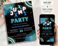 a person holding up a smart phone in front of a party card with the text jump party on it