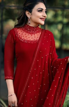 Neck designs Red Churidar Designs Party Wear, Red Kurti Designs Party Wear, Karwachauth Dress Ideas Suit, Churidhar Designs For Wedding, Red Salwar Suit Party Wear, Red Churidar Designs, Churidhar Designs Pattern Party Wear, Party Wear Churidar Designs