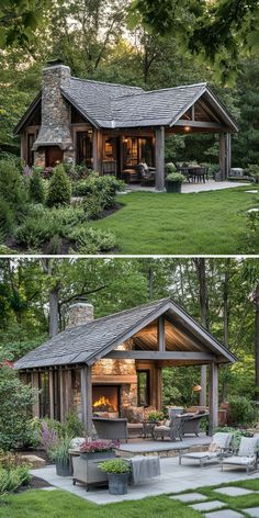 two pictures of a small cabin in the middle of some trees and grass, one has a