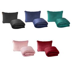 four different colors of pillows and blankets on a white background with the same color as the pillow