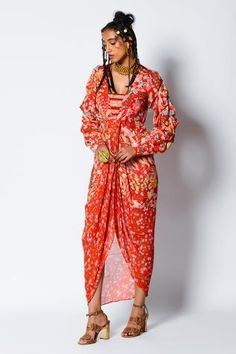 Shop for Rishi and Vibhuti Red Crepe Blossom Drape Dress for Women Online at Aza Fashions Red Floral Print Dresses For Festivals, Festive Floral Print Orange Dress, Festive Orange Floral Print Dress, Festive Red Printed Dress, Smocking Sleeves, Blouse Yoke, Red Drapes, Drape Dress, Designer Party Wear Dresses