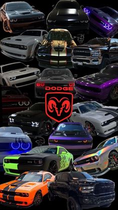 many different colored cars are shown in this collage with the words dodge written on them