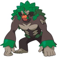 an angry looking creature with green leaves on it's chest and arms, standing in front of a white background