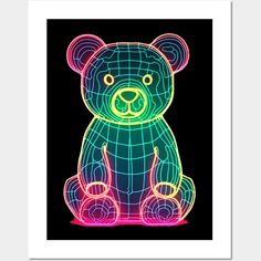 a neon teddy bear sitting in front of a black background