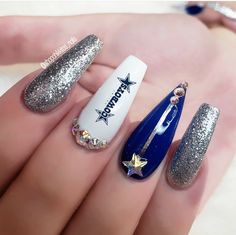 Dallas Cowboys Nails Designs Football, Dallas Cowboys Nail Art, Dallas Cowboys Nails Acrylics, Dallas Cowboy Nails, Gold Nails White, Dallas Nails, Blue And Silver Nail Designs, Dallas Cowboys Nail Designs, Cowboys Nails